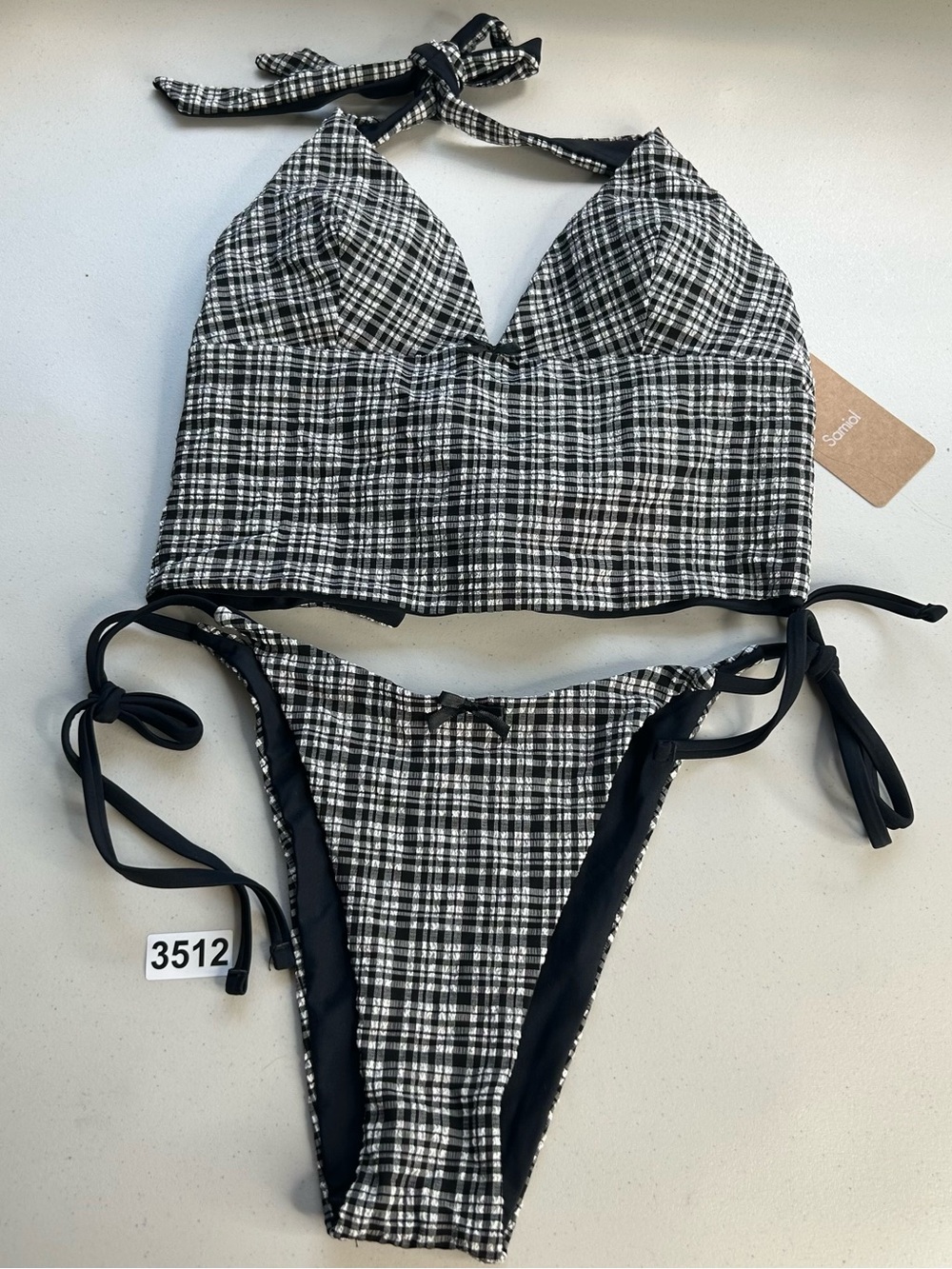 Samiol Tankini Bikini Set Large Black Knitted Plaid Halter